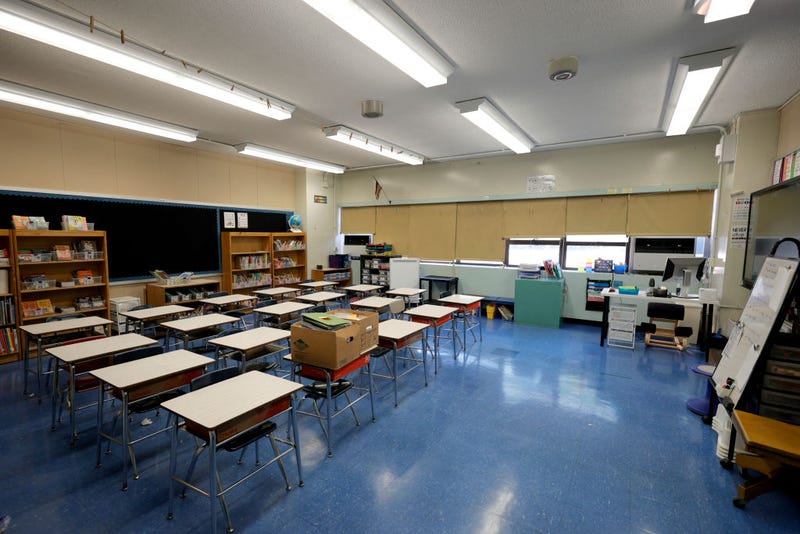 An empty classroom at Yung Wing School P.S. 124 shows that a teacher has prepared for the start of the school year on September 02, 2021 in New York City.