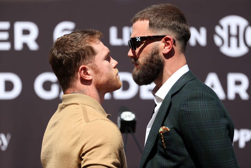 Canelo Alvarez and Caleb Plant during a face-off before a press conference ahead of their super middleweight fight on November 6 at The Beverly Hilton on September 21, 2021 in Beverly Hills, California.