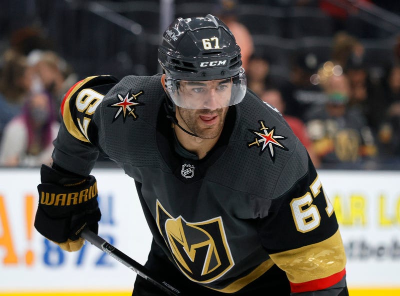 Max Pacioretty #67 of the Vegas Golden Knights waits for a faceoff in the second period of a preseason game against the Arizona Coyotes at T-Mobile Arena on October 7, 2021
