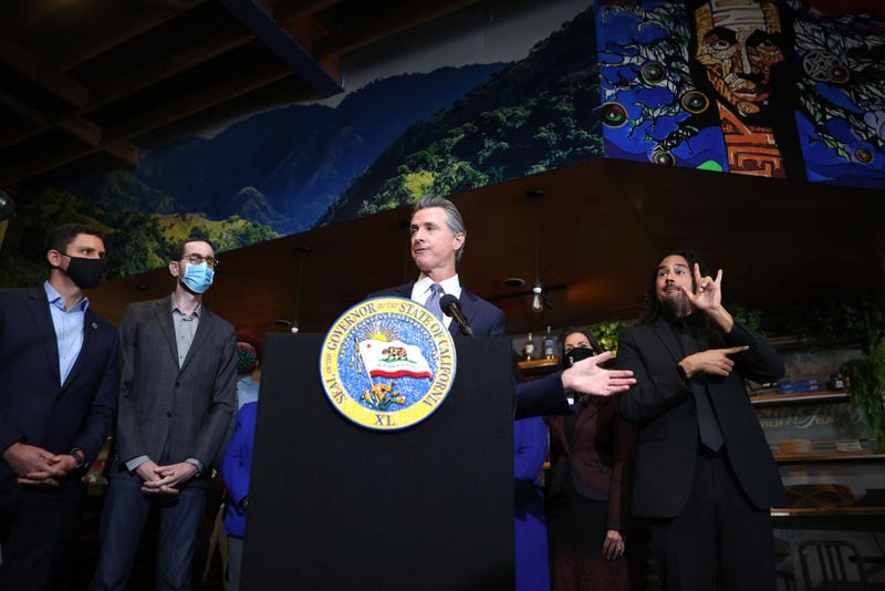 California Gov. Gavin Newsom speaks during a news conference at Kingston 11 Cuisine on October 08, 2021 in Oakland, California.