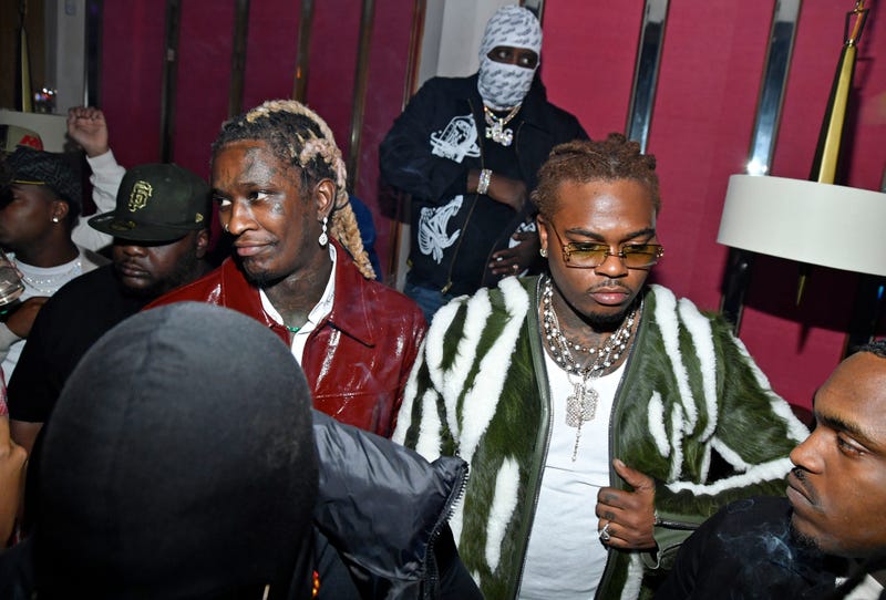 Hip-hop artists Young Thug and Gunna attend a release party for Young Thug's new album "PUNK" at Delilah on October 12, 2021, in West Hollywood, California.