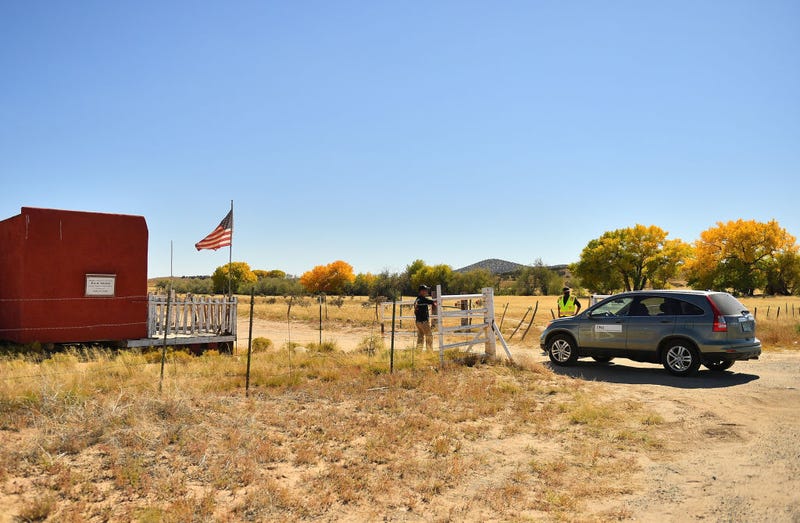 A vehicle from the Office of the Medical Investigator enters the front gate leading to the Bonanza Creek Ranch on October 22, 2021 in Santa Fe, New Mexico. Director of Photography Halyna Hutchins was killed and director Joel Souza was injured on set while filming the movie "Rust" at Bonanza Creek Ranch near Santa Fe, New Mexico on October 21, 2021. The film's star and producer Alec Baldwin discharged a prop firearm that hit Hutchins and Souza. (Photo by Sam Wasson/Getty Images)