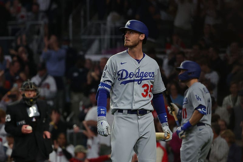 Cody Bellinger #35 of the Los Angeles Dodgers reacts to a strike out during the ninth inning of Game Six of the National League Championship Series.