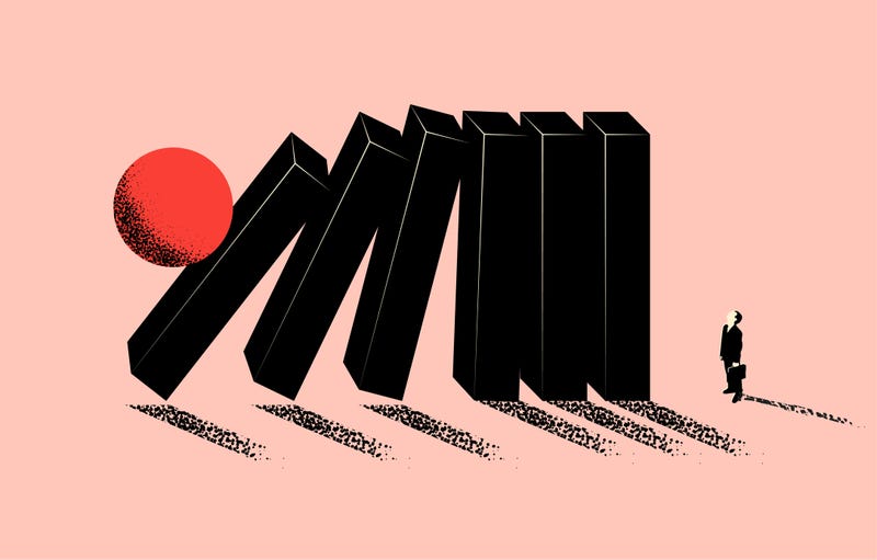 An illustration depicting dominos falling on a business man and creating a recession.