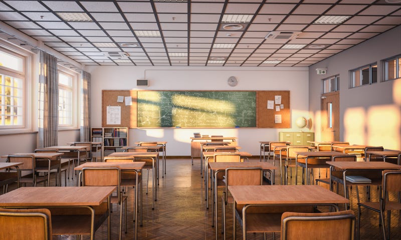 empty classroom with desks and blackboard stock photo