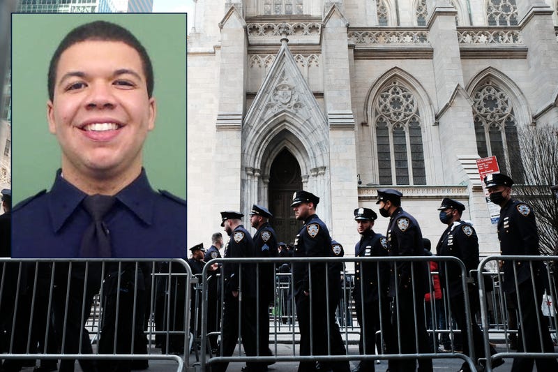 Police officers and members of the public line up to pay their respects to the fallen NYPD Officer Jason Rivera during his wake at St. Patrick's Cathedral on Jan. 27, 2022. Inset: Officer Rivera