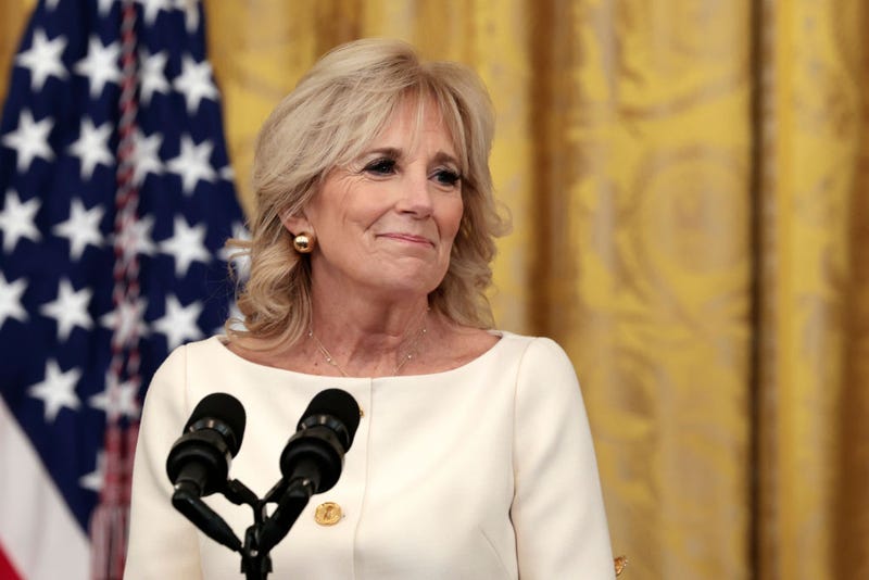 U.S. First lady Dr. Jill Biden delivers remarks during a Cancer Moonshot initiative event in the East Room of the White House on February 02, 2022 in Washington, D.C.