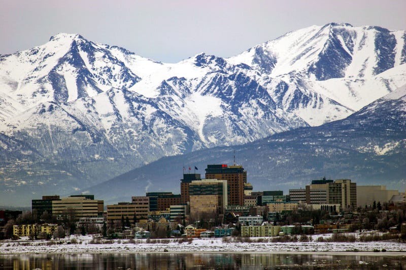 Anchorage, Alaska skyline with the Chugach Mountains in the background.