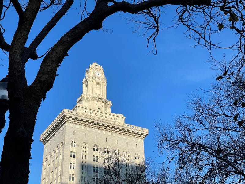 View of Oakland City Hall from 14th Street on a sunny winter day.