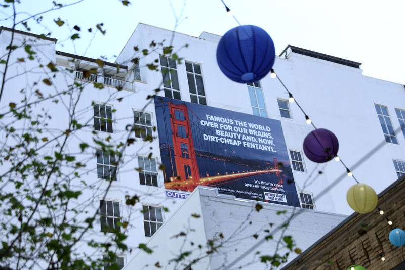 A new controversial billboard that warns against fentanyl is posted on the side of a building near Union Square on April 04, 2022 in San Francisco, California.