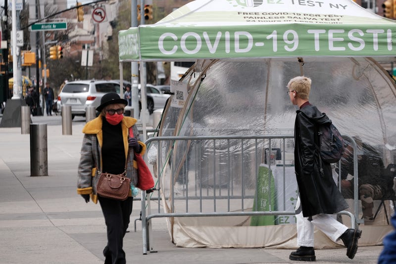 A COVID-19 testing site stands on a Brooklyn street corner on April 18, 2022 in New York City