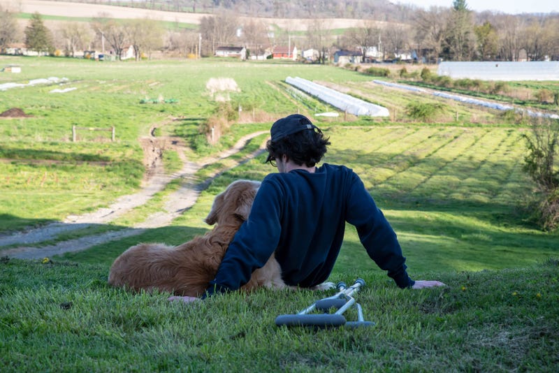 guy and dog sitting on a hill