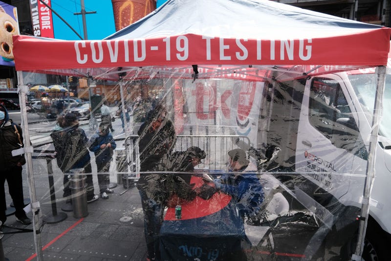 COVID-19 testing tent stands in Times Square on April 27, 2022 in New York City.