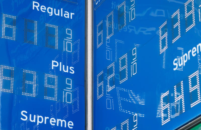 Gas prices are displayed at a Chevron station on April 27, 2022, in Los Angeles. Prices in Los Angeles County have fallen to their lowest level since early March, with the average price of a gallon of self-service regular gasoline currently at $5.774.