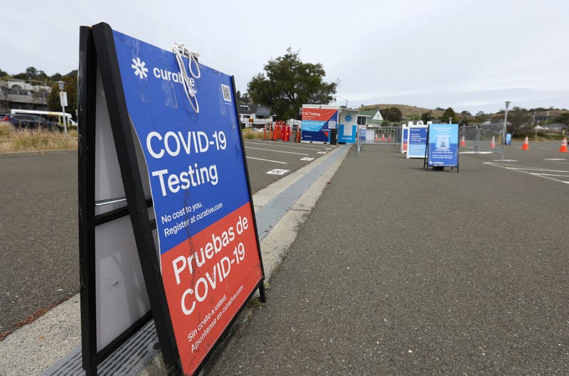 Signage is posted at a Curative COVID-19 test facility at the Larkspur Ferry terminal on May 05, 2022 in Larkspur, California.