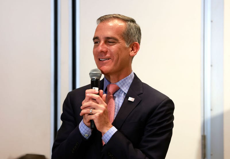 Mayor of Los Angeles Eric Garcetti speaks at Global Sports Week at Los Angeles Hub on May 11, 2022 in Los Angeles, California.