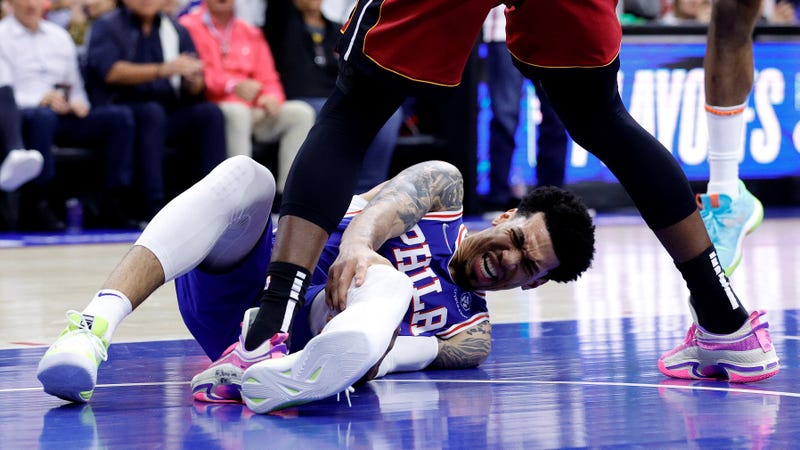 Danny Green of the Philadelphia 76ers suffers an injury against the Miami Heat in the first quarter of Game Six of the 2022 NBA Playoffs Eastern Conference Semifinals at Wells Fargo Center on May 12, 2022 in Philadelphia, Pennsylvania.