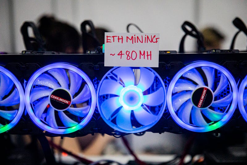 An Ethereum mining rig on display at the Thailand Crypto Expo 2022.