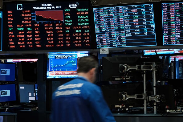 Traders work on the floor of the New York Stock Exchange (NYSE) on May 18, 2022 in New York City.