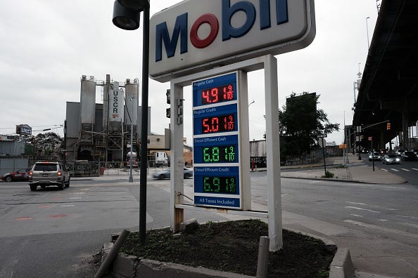 Gas prices are displayed at a Brooklyn station on June 01, 2022 in New York City.