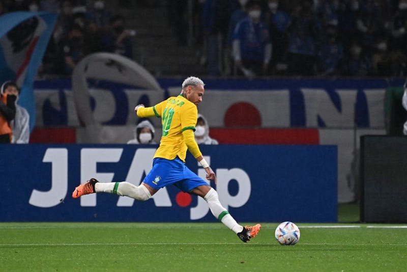 Neymar Jr. of Brazil takes a free kick during the international friendly match between Japan and Brazil at National Stadium on June 6, 2022 in Tokyo, Japan.