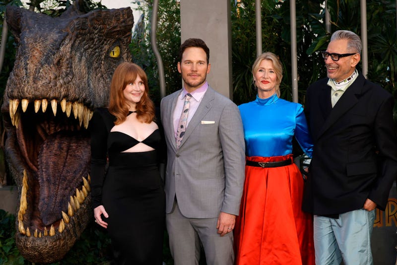 aura Dern, Bryce Dallas Howard, Chris Pratt, and Jeff Goldblum attend the Los Angeles premiere of Universal Pictures' "Jurassic World Dominion" on June 06, 2022 in Hollywood, California.