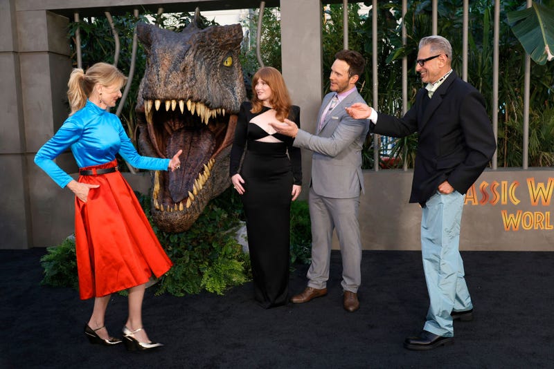 aura Dern, Bryce Dallas Howard, Chris Pratt, and Jeff Goldblum attend the Los Angeles premiere of Universal Pictures' "Jurassic World Dominion" on June 06, 2022 in Hollywood, California.
