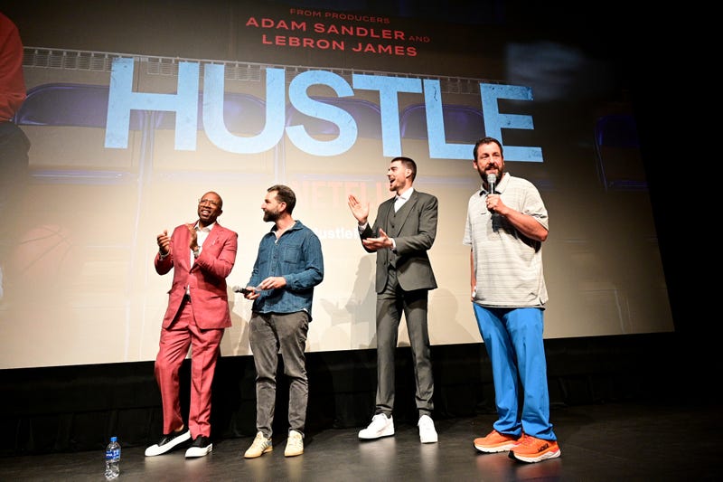 Former NBA player Kenny Smith, director Jeremiah Zagar, current NBA player Juancho Hernangomez and actor Adam Sandler onstage during a screening of their 2022 film "Hustle" in Philadelphia.