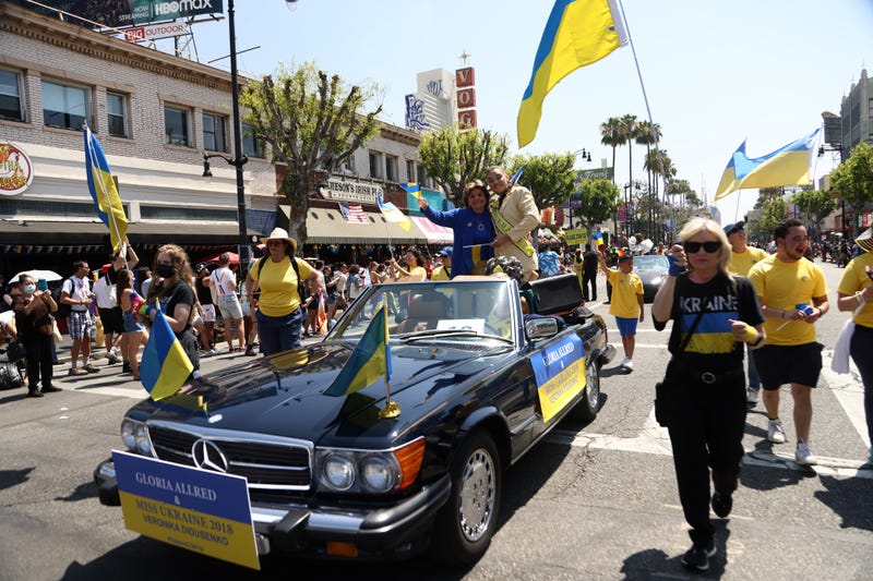 Gloria Allred and Miss Ukraine 2018 Veronika Didusenko attend Christopher Street West (CSW) LA Pride Parade Presented By TikTok "Love Your Pride" on June 12, 2022 in Los Angeles, California.