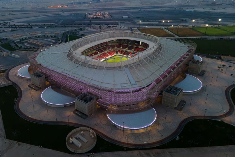 An aerial view of Ahmad Bin Ali stadium at sunset on June 23, 2022 in Al Rayyan, Qatar. Ahmad Bin Ali stadium, designed by Pattern Design studio is a host venue of the FIFA World Cup Qatar 2022 starting in November.