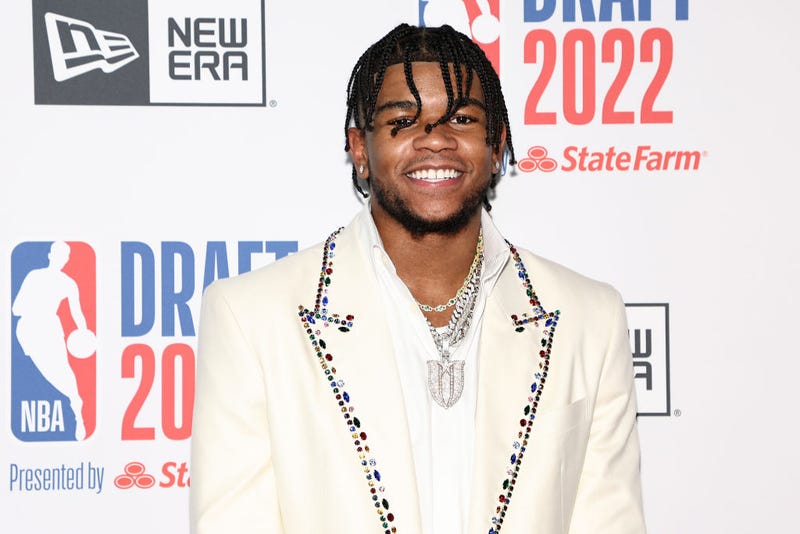 aden Hardy poses for photos on the red carpet during the 2022 NBA Draft at Barclays Center on June 23, 2022 in New York City.