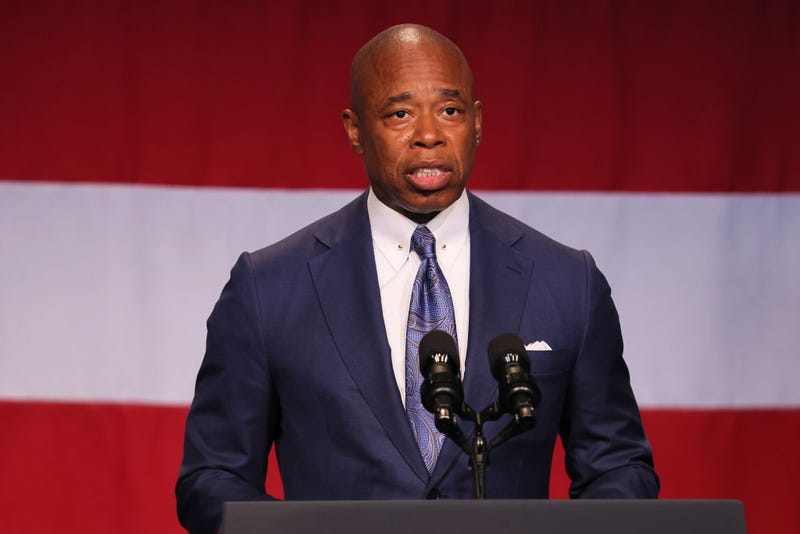 Mayor Eric Adams speaks at the Billie Holiday Theatre in Restoration Plaza on July 28, 2022 in the Bedford-Stuyvesant neighborhood of Brooklyn borough in New York City.