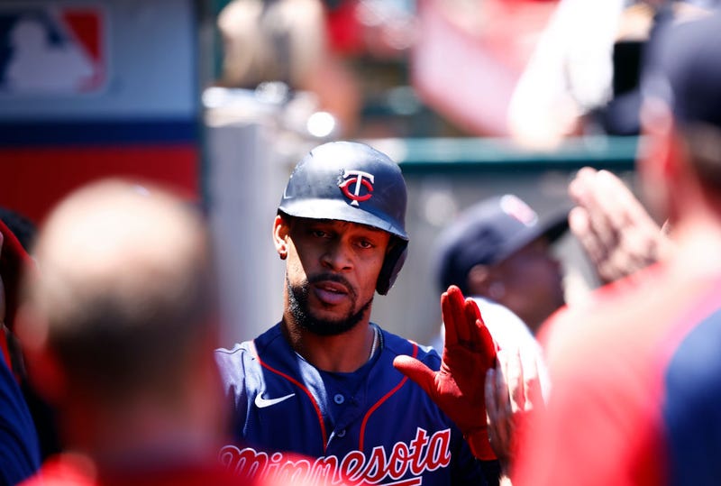 Byron Buxton #25 of the Minnesota Twins celebrates a two-run home run against the Los Angeles Angels in the first inning at Angel Stadium of Anaheim on August 14, 2022 in Anaheim, California.