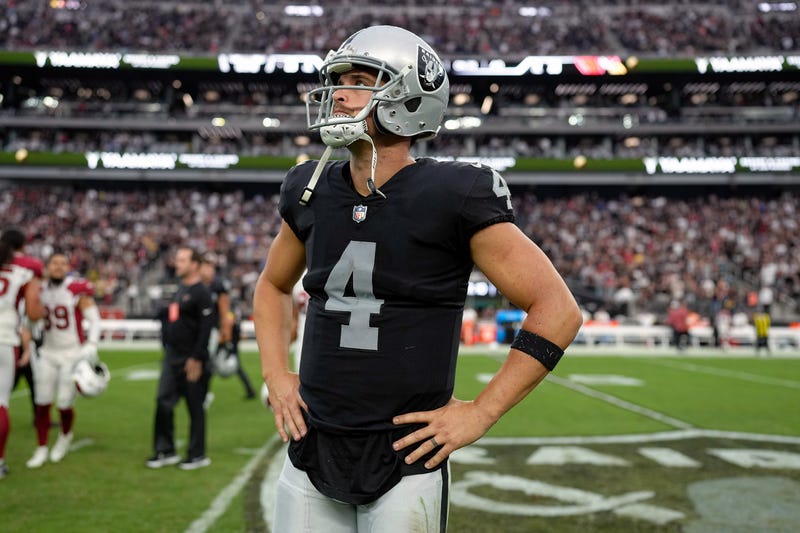 Derek Carr #4 of the Las Vegas Raiders reacts after an overtime loss to the Arizona Cardinals at Allegiant Stadium on September 18, 2022 in Las Vegas, Nevada.
