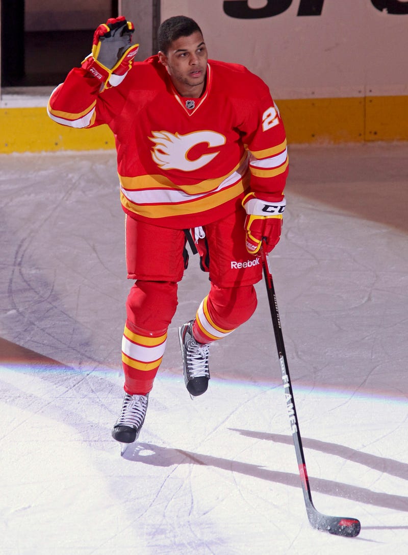 Akim Aliu #29 of the Calgary Flames was the first star with two goals in his second NHL game against the Anaheim Ducks during in NHL action on April 7, 2012 at the Scotiabank Saddledome in Calgary, Alberta, Canada.