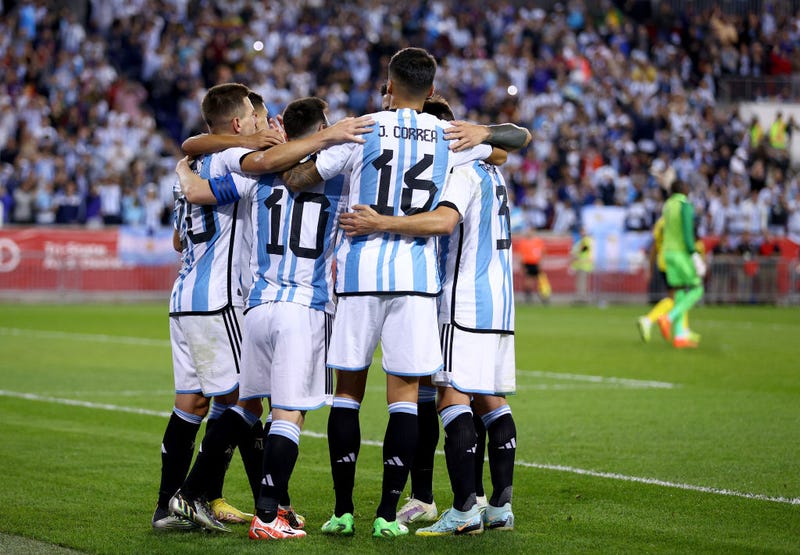 Lionel Messi #10 of Argentina is congratulated by teammates after he scored in the second half against Jamaica at Red Bull Arena on September 27, 2022 in Harrison, New Jersey. Argentina defeated Jamaica 3-0.