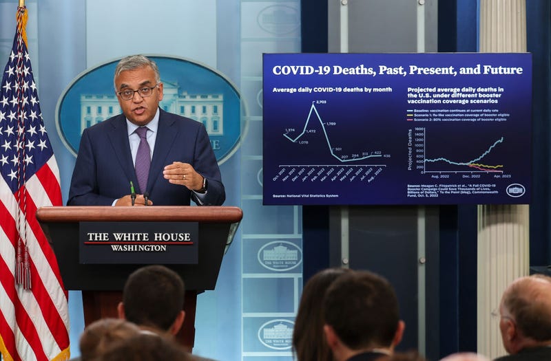 White House COVID-19 Response Coordinator Dr. Ashish Jha speaks at the daily press briefing at the White House on October 11, 2022 in Washington, DC. Jha spoke on the new COVID-19 Bivalent vaccine boosters and urged all Americans to take it. (Photo by Kevin Dietsch/Getty Images)