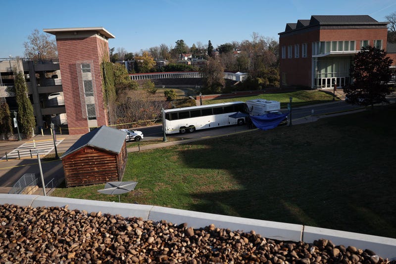 The crime scene where 3 people were killed and 2 others wounded is shown on the grounds of the University of Virginia on November 14, 2022 in Charlottesville, Virginia.