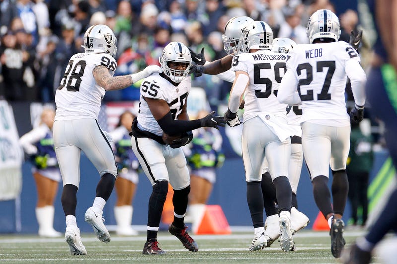 Chandler Jones #55 of the Las Vegas Raiders celebrates his fumble recovery during the third quarter against the Seattle Seahawks at Lumen Field on November 27, 2022 in Seattle, Washington.