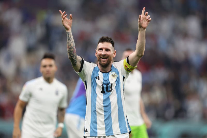 Lionel Messi of Argentina celebrates the team's 3-0 victory in the FIFA World Cup Qatar 2022 semi final match between Argentina and Croatia at Lusail Stadium on December 13, 2022 in Lusail City, Qatar.