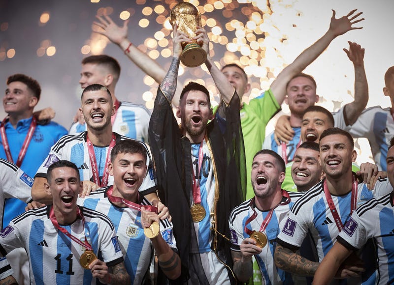 Lionel Messi of Argentina lifts the FIFA World Cup Qatar 2022 Winner's Trophy during the FIFA World Cup Qatar 2022 Final match between Argentina and France at Lusail Stadium on December 18, 2022 in Lusail City, Qatar.
