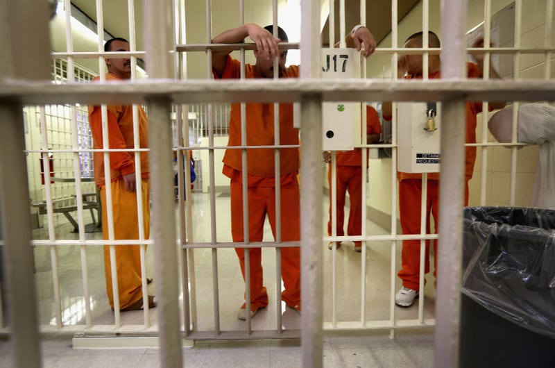 Immigration detainees stand behind bars at the Immigration and Customs Enforcement (ICE)