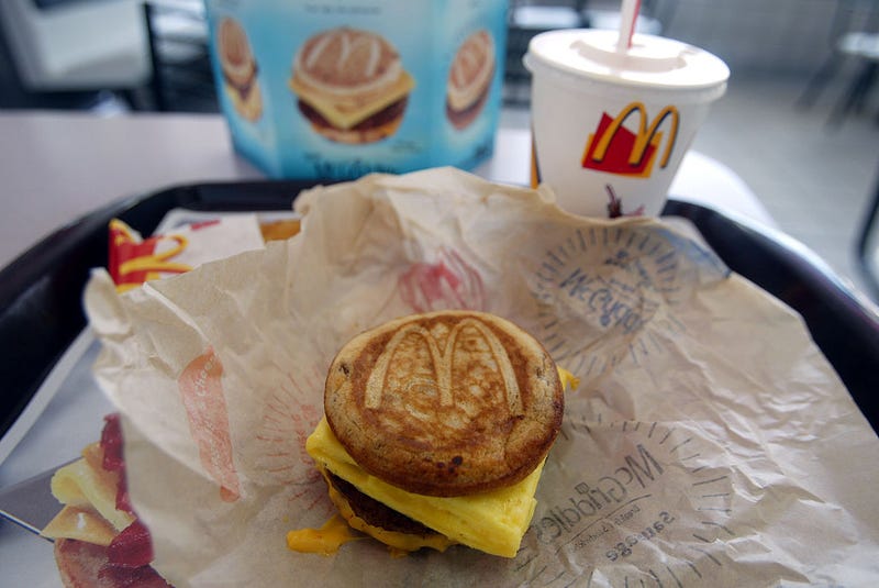 A cheese, sausage and egg McGriddles breakfast sandwich at a McDonald's
