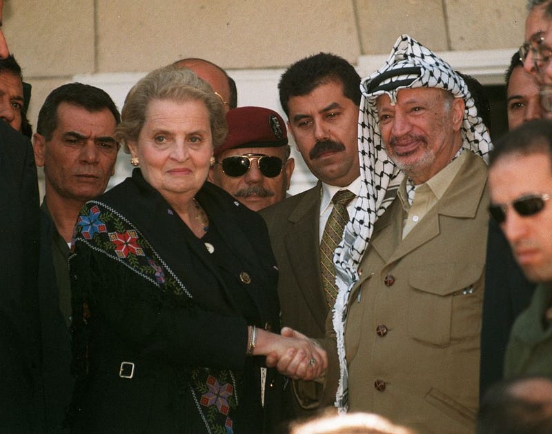 U.S. Secretary of State, Madeleine Albright, shaking hands with the Palestinian leader, Yasser Arafat, prior to holding talks aimed at restarting the Middle East peace process.