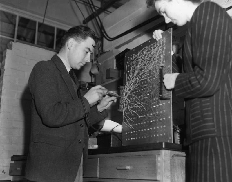 A utility model of the ENIAC (Electronic Numerical Integrator and Computer), being built at Welwyn Garden City by Dr Andrew Donald Booth on November 7, 1946. ENIAC was hailed as the world's first programmable electronic computer.