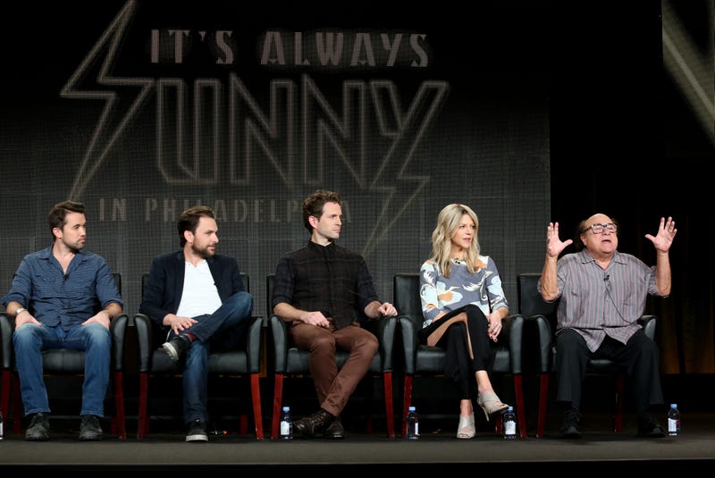 Creator/writer/actor Rob McElhenney, actor/writers Charlie Day, Glenn Howerton, actors Kaitlin Olson and Danny DeVito speak onstage during the 'It's Always Sunny in Philadelphia' panel discussion at the FX Networks portion of the Television Critics Association press tour at Langham Hotel on January 18, 2015 in Pasadena, California.