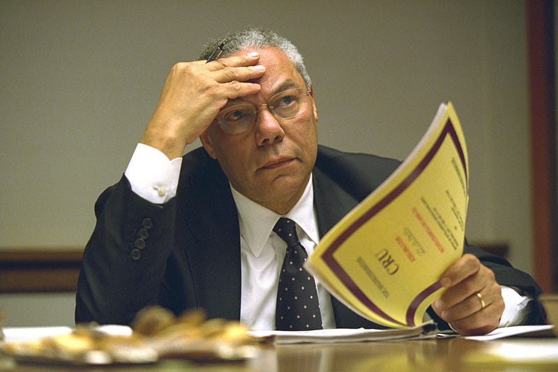 In this handout photo provided by the U.S. National Archives, Secretary of State Colin Powell meets in the President's Emergency Operations Center (PEOC) after the terrorist attacks on September 11, 2001 in Washington, DC.
