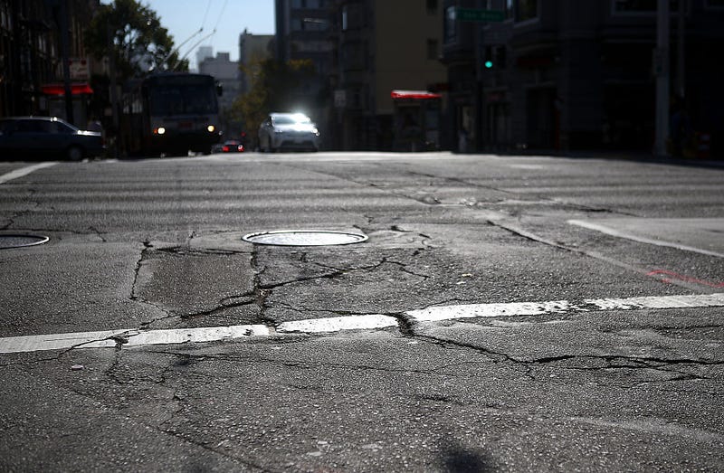 Cracks are visible on Van Ness Avenue on July 28, 2015 in San Francisco, California.