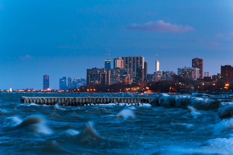 Stormy wintry weather on Lake Michigan impacting the Chicago shoreline