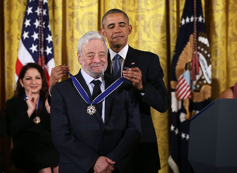 Former U.S. President Barack Obama (R) presents the Presidential Medal of Freedom to theater composer and lyricist Stephen Sondheim during an East Room ceremony November 24, 2015 at the White House in Washington, DC. (Photo by Alex Wong/Getty Images)